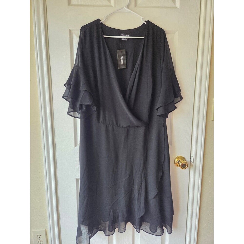 NWT CITY CHIC Black Mini Dress XL Black Flutter Frill Wrap Dress Date Night